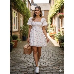 Cottagecore Floral Mini Dress White Pink Square Neck Puff Sleeve Coquette Boho M